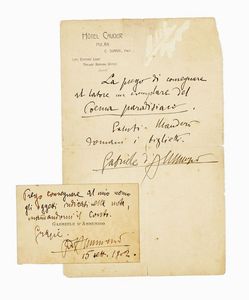 Gabriele D'Annunzio - Breve lettera autografa firmata a e 1 biglietto da visita autografo firmato.