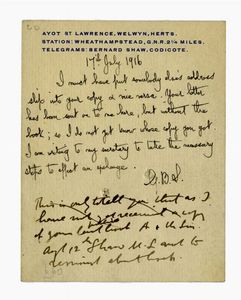 GEORGE SHAW - Breve lettera autografa siglata inviata all'attore e regista inglese William Poel.