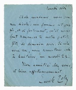 MILE ZOLA - Telegramma autografo firmato inviato a Madame Georges Charpentier.