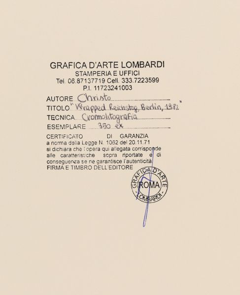 Christo : Wrapped Reichstag - Project for Berlin  - Asta Grafiche e Multipli del XX secolo - Associazione Nazionale - Case d'Asta italiane