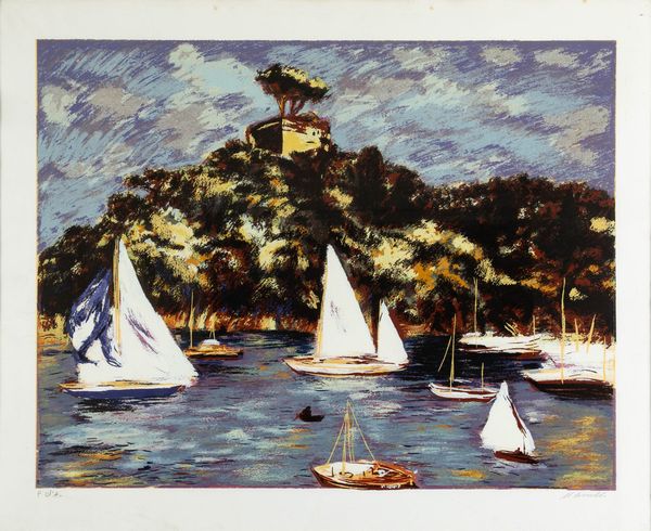 MICHELE CASCELLA : Paesaggio con barche  - Asta Grafiche e Multipli del XX secolo - Associazione Nazionale - Case d'Asta italiane