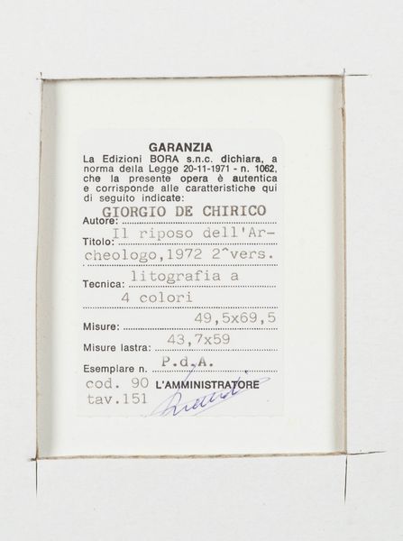 Giorgio de Chirico : Il riposo dell'archeologo  - Asta Grafiche e Multipli del XX secolo - Associazione Nazionale - Case d'Asta italiane