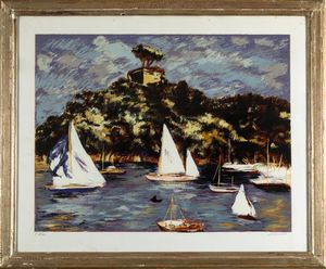 MICHELE CASCELLA : Paesaggio con barche  - Asta Grafiche e Multipli del XX secolo - Associazione Nazionale - Case d'Asta italiane