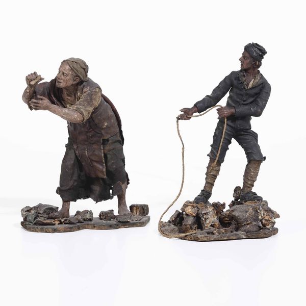 Due lavoratori. Legno intagliato e dipinto. Napoli o Sicilia XIX secolo  - Asta Scultura - Associazione Nazionale - Case d'Asta italiane