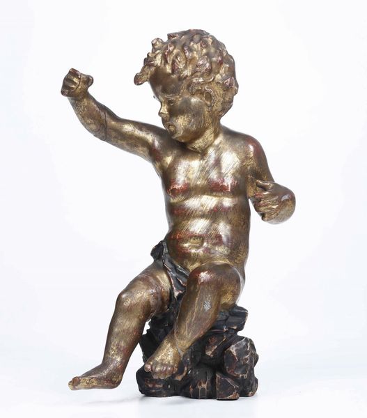 Scultura di putto in legno scolpito e dorato. Arte italiana del XIX secolo  - Asta Scultura - Associazione Nazionale - Case d'Asta italiane