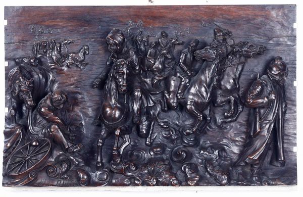 Rilievo in legno scolpito e patinato raffigurante la Battaglia di Lule Burgas. Scultore del XX secolo  - Asta Scultura - Associazione Nazionale - Case d'Asta italiane