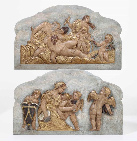 Due rilievi a soggetto mitologico. Papier-mach� dipinto e legno. Probabile XX secolo  - Asta Scultura - Associazione Nazionale - Case d'Asta italiane