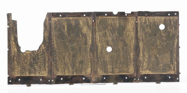 Lamina in bronzo ageminato incisa in quattro segmenti con figure probabilmente di stampo sacro. Inizi XV secolo  - Asta Scultura - Associazione Nazionale - Case d'Asta italiane