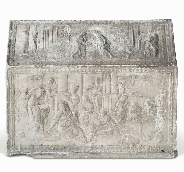 Modello di urna in gesso con raffigurazioni della vita della Vergine Maria di gusto rinascimentale. XIX secolo  - Asta Scultura - Associazione Nazionale - Case d'Asta italiane