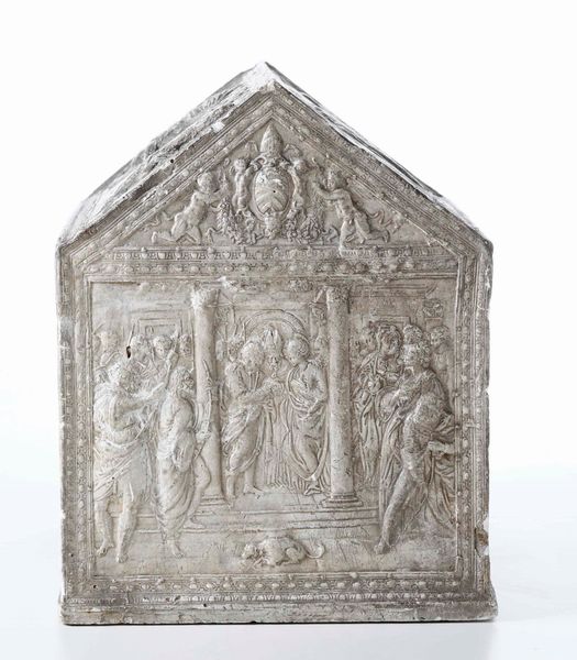 Modello di urna in gesso con raffigurazioni della vita della Vergine Maria di gusto rinascimentale. XIX secolo  - Asta Scultura - Associazione Nazionale - Case d'Asta italiane