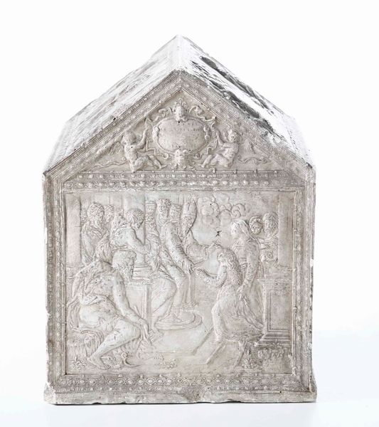 Modello di urna in gesso con raffigurazioni della vita della Vergine Maria di gusto rinascimentale. XIX secolo  - Asta Scultura - Associazione Nazionale - Case d'Asta italiane