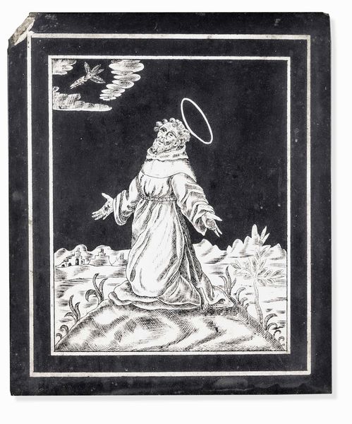 San Francesco riceve le stimmate. Pannello in scagliola monocroma. Arte barocca italiana, Toscana o Emilia XVII-XVIII secolo  - Asta Scultura - Associazione Nazionale - Case d'Asta italiane