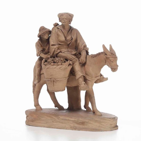 Giacomo Vaccaro, Caltagirone, fine XIX secolo) Contadini su asino con ceste di frutta  - Asta Scultura - Associazione Nazionale - Case d'Asta italiane