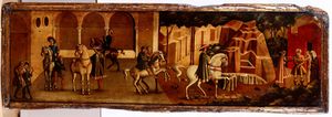 Frontone su tavola dipinta in stile quattrocentesco con scene   cavalleresche  - Asta Scultura - Associazione Nazionale - Case d'Asta italiane