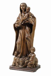 Madonna con Bambino e cherubini, scultore barocco, Italia (?) XVII secolo  - Asta Scultura - Associazione Nazionale - Case d'Asta italiane