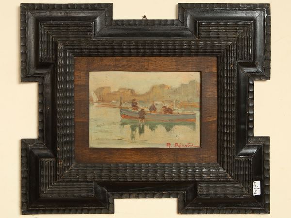 Riccardo Pollastrini : Paesaggi marini con barche e pescatori  - Asta Arredi e dipinti da un antico palazzo marchigiano - Associazione Nazionale - Case d'Asta italiane