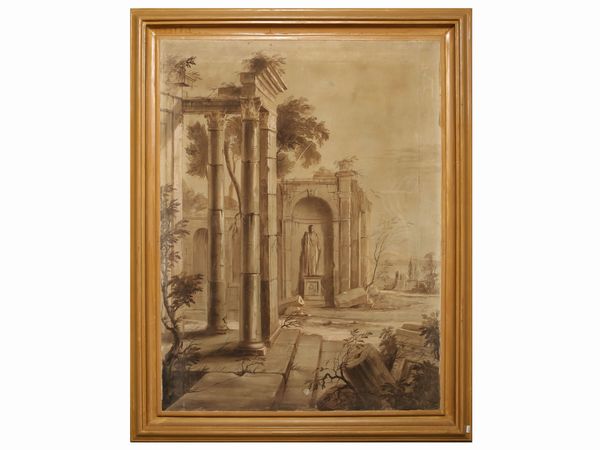 SCUOLA ROMANA DEL XIX SECOLO : Capriccio architettonico  - Asta Arredi e dipinti da un antico palazzo marchigiano - Associazione Nazionale - Case d'Asta italiane