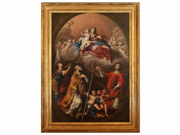 Scuola marchigiana del XVII/XVIII secolo : Apparizione della Madonna con Bambino ai Santi Eustachio, Agostino e Stefano  - Asta Arredi e dipinti da un antico palazzo marchigiano - Associazione Nazionale - Case d'Asta italiane
