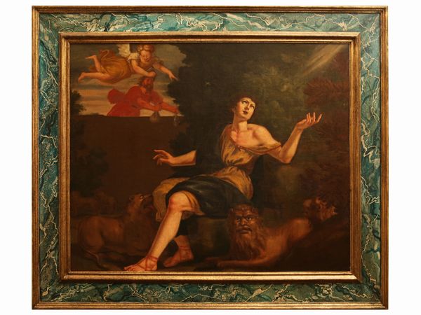 Scuola fiamminga del XVII/XVIII secolo : Daniele nella fossa dei leoni  - Asta Arredi e dipinti da un antico palazzo marchigiano - Associazione Nazionale - Case d'Asta italiane