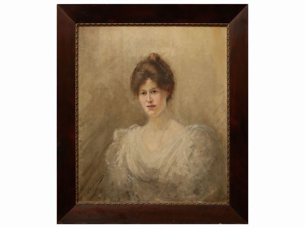 Scuola francese della fine del XIX/inizio del XX secolo : Ritratto femminile  - Asta Arredi e dipinti da un antico palazzo marchigiano - Associazione Nazionale - Case d'Asta italiane
