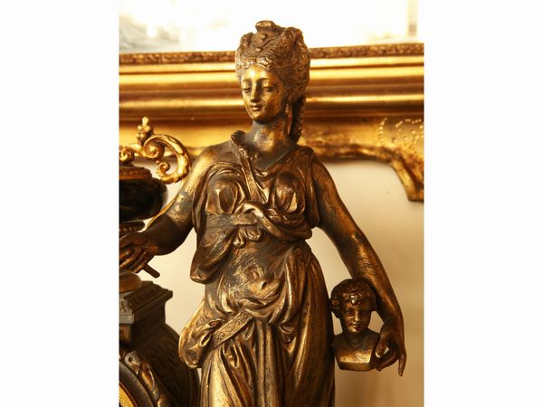 Trittico da camino in antimonio dorato e marmo nero del Belgio, Delaye Grenoble  - Asta Arredi e dipinti da un antico palazzo marchigiano - Associazione Nazionale - Case d'Asta italiane