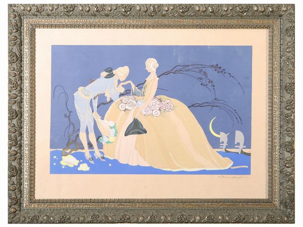 Umberto Brunelleschi : Scena galante  - Asta Arredi e dipinti da un antico palazzo marchigiano - Associazione Nazionale - Case d'Asta italiane