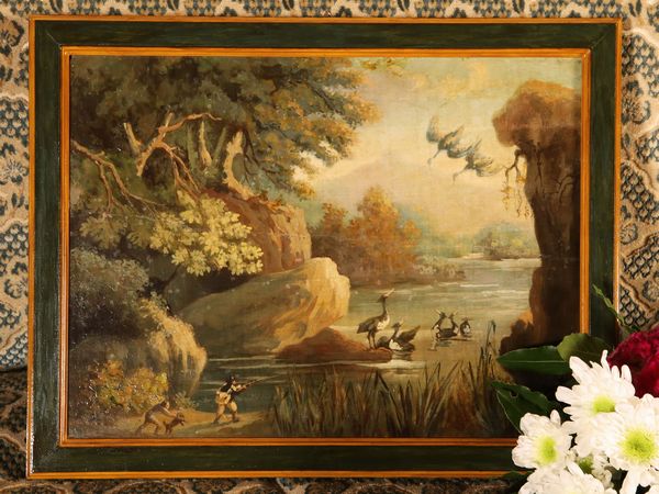 Paesaggio lacustre con cacciatore e volatili  - Asta Arredi e dipinti da un antico palazzo marchigiano - Associazione Nazionale - Case d'Asta italiane