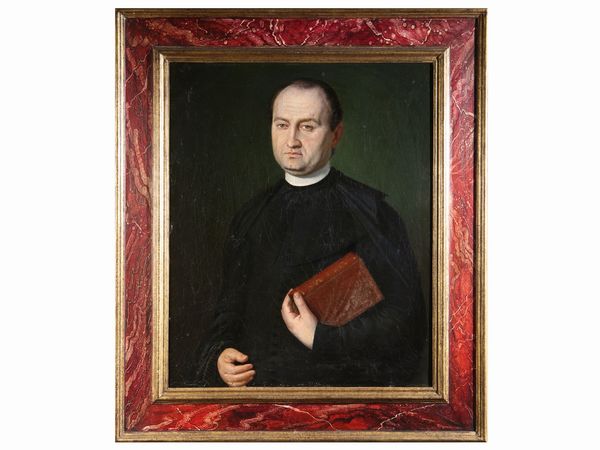 Scuola marchigiana del XIX secolo : Ritratto di prete  - Asta Arredi e dipinti da un antico palazzo marchigiano - Associazione Nazionale - Case d'Asta italiane