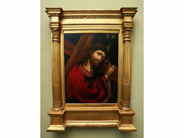 Scuola veneto-cretese : Cristo con la croce  - Asta Arredi e dipinti da un antico palazzo marchigiano - Associazione Nazionale - Case d'Asta italiane