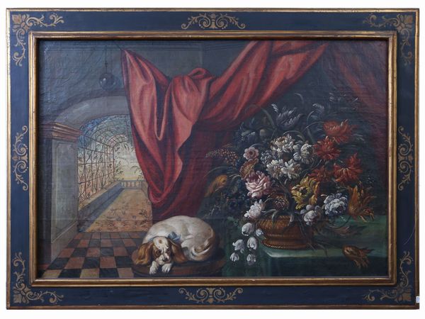 Maniera della pittura del XVII/XVIII secolo : Natura morta con cane e vaso di fiori  - Asta Arredi e dipinti da un antico palazzo marchigiano - Associazione Nazionale - Case d'Asta italiane