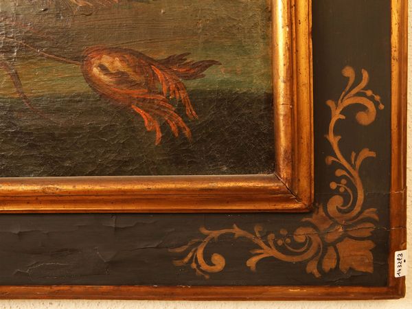 Maniera della pittura del XVII/XVIII secolo : Natura morta con cane e vaso di fiori  - Asta Arredi e dipinti da un antico palazzo marchigiano - Associazione Nazionale - Case d'Asta italiane