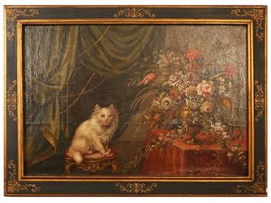 Maniera della pittura del XVII/XVIII secolo - Natura morta con gatto e trionfo di fiori