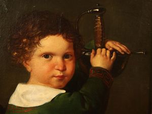 Scuola francese del XVIII/XIX secolo : Ritratto di fanciullo con spada  - Asta Arredi e dipinti da un antico palazzo marchigiano - Associazione Nazionale - Case d'Asta italiane