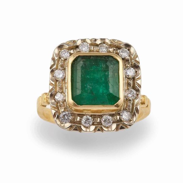Anello con smeraldo Brasile di ct 2.00 circa e diamanti  - Asta Gioielli - Associazione Nazionale - Case d'Asta italiane
