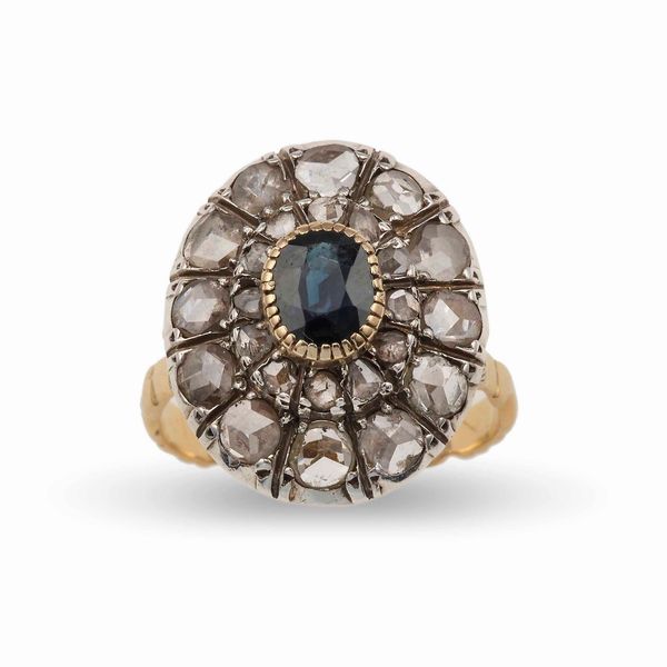 Anello con piccolo zaffiro e diamanti taglio rosetta  - Asta Gioielli - Associazione Nazionale - Case d'Asta italiane
