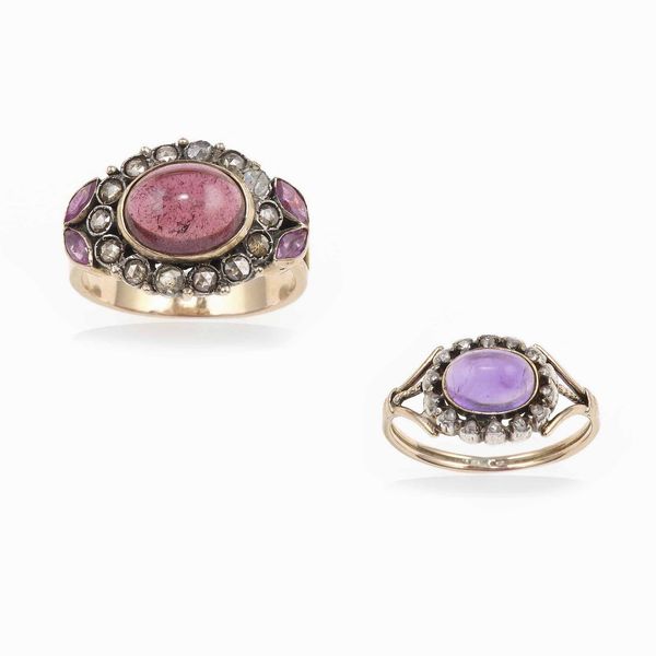Lotto composto da due anelli uno con tormalina e diamanti taglio rosa ed uno con ametista  - Asta Gioielli - Associazione Nazionale - Case d'Asta italiane