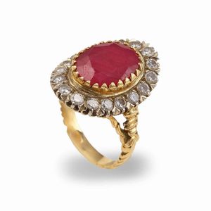 Anello con rubino taglio ovale e diamanti taglio brillante  - Asta Gioielli - Associazione Nazionale - Case d'Asta italiane