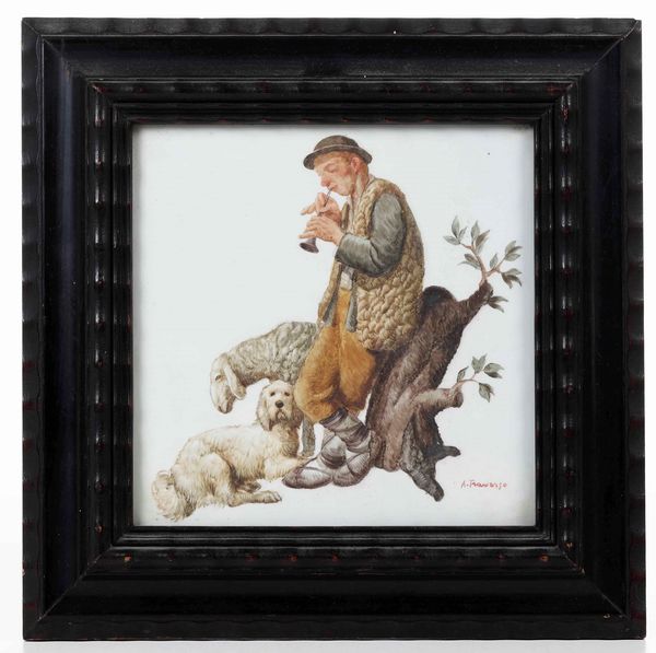 Mattonella con pastore<BR>Antonino Traverso (1900-1981)  - Asta Maioliche, Porcellane e Vetri - Associazione Nazionale - Case d'Asta italiane