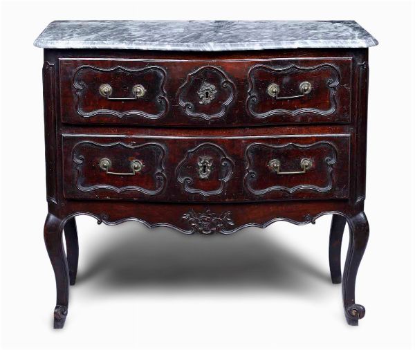 Cassettone in legno intagliato con piano in marmo grigio, XVIII-XIX secolo  - Asta Antiquariato Settembre - Associazione Nazionale - Case d'Asta italiane