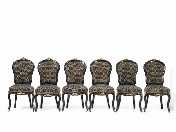 Gruppo di sei sedie in legno ebanizzato con fregi in bronzo dorato. Francia 1870 ca., attribuite a Lon Marcotte & Co.  - Asta Antiquariato Settembre - Associazione Nazionale - Case d'Asta italiane