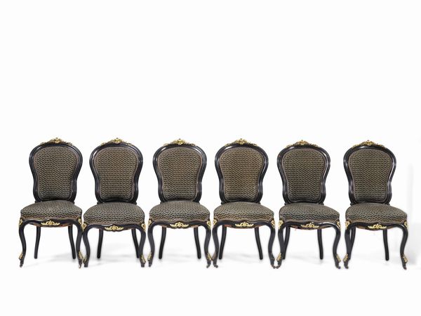 Gruppo di sei sedie in legno ebanizzato con fregi in bronzo dorato. Francia 1870 ca., attribuite a L�on Marcotte & Co.  - Asta Antiquariato Settembre - Associazione Nazionale - Case d'Asta italiane