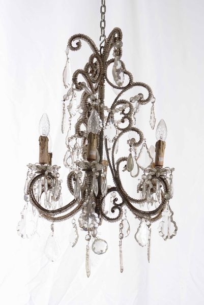 Lampadario in metallo a sei fiamme, XX secolo  - Asta Antiquariato Settembre - Associazione Nazionale - Case d'Asta italiane