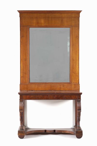 Consolle in legno intagliato e lastronato in mogano. XIX secolo  - Asta Antiquariato Settembre - Associazione Nazionale - Case d'Asta italiane