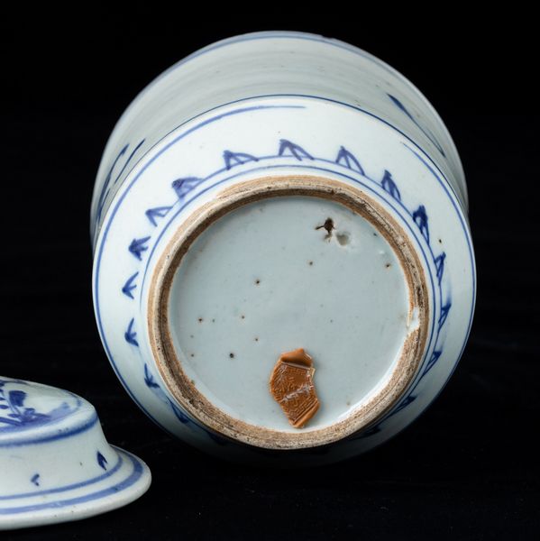 Vaso cilindrico con coperchio in porcellana bianca e blu con decoro naturalistico, Cina, Dinastia Qing, XIX secolo  - Asta Arte Orientale   - Associazione Nazionale - Case d'Asta italiane