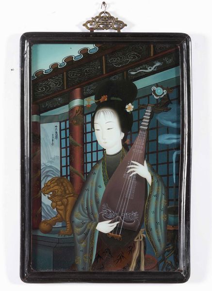 Coppia di dipinti su vetro raffiguranti fanciulle e iscrizioni, Cina, XX secolo  - Asta Arte Orientale   - Associazione Nazionale - Case d'Asta italiane