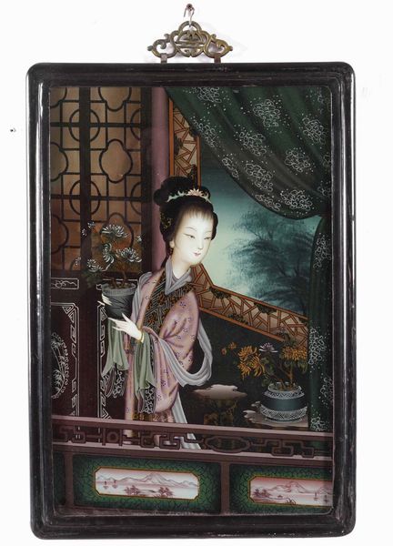 Coppia di dipinti su vetro raffiguranti fanciulle e iscrizioni, Cina, XX secolo  - Asta Arte Orientale   - Associazione Nazionale - Case d'Asta italiane