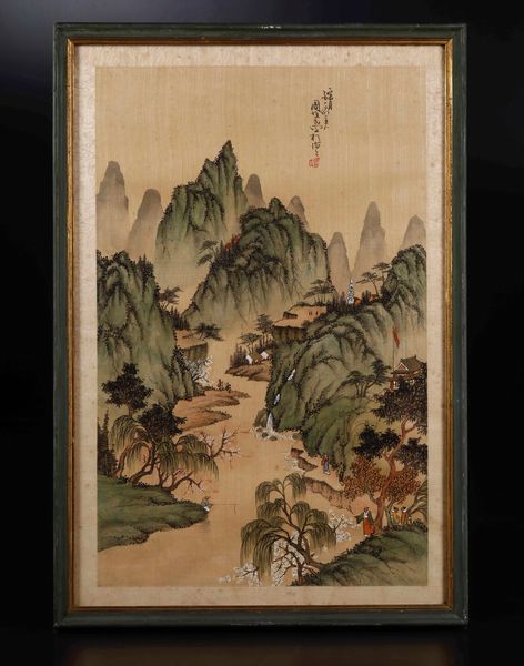 Coppia di dipinti su seta con paesaggi e iscrizioni, Cina, XX secolo  - Asta Arte Orientale   - Associazione Nazionale - Case d'Asta italiane