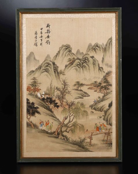 Coppia di dipinti su seta con paesaggi e iscrizioni, Cina, XX secolo  - Asta Arte Orientale   - Associazione Nazionale - Case d'Asta italiane