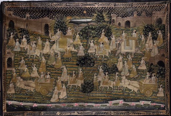 Dipinto su seta raffigurante scena di vita comune, India, XIX-XX secolo  - Asta Arte Orientale   - Associazione Nazionale - Case d'Asta italiane