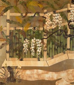 Tre pannelli in legno laccato e dorato raffiguranti vedute di giardini fioriti, Giappone, periodo Meiji (1868-1912)  - Asta Arte Orientale   - Associazione Nazionale - Case d'Asta italiane